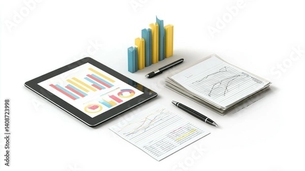 Fototapeta Business data analysis tools displayed on a tablet and papers.