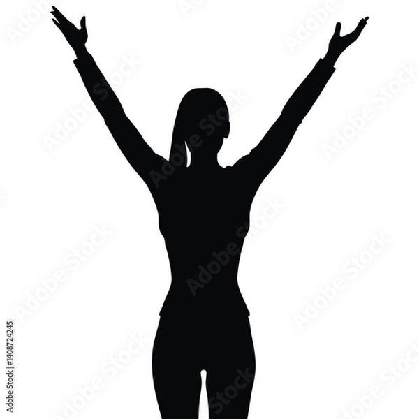 Fototapeta Woman Silhouette Standing With Arms Raised Up Against Transparent Background