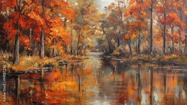 Obraz Autumn landscape with colorful orange and red foliage trees beside a calm river, reflections on the water, seasonal natural beauty