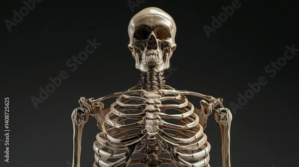 Fototapeta Metallic human skeletal model of upper torso and head.