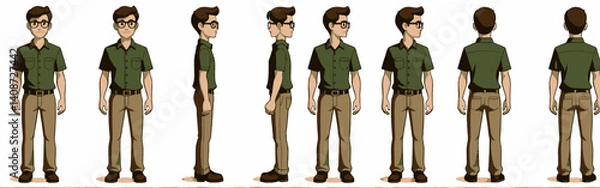 Fototapeta a_character_design_sheet_featuring_a_young_man_with_brown_hair_and_glasses_wearing_a_green_shirt_and_khaki_pants_in_multiple_poses