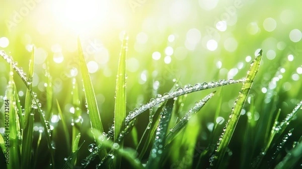 Obraz Dew-covered green leaves with bokeh light in the background, natural freshness with space for design use