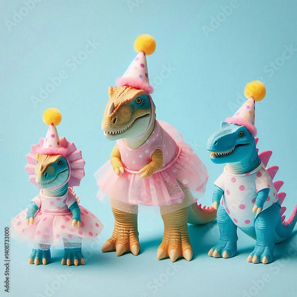 Fototapeta Party-Ready Dinosaurs in Tutus and Polka Dots – Adorable Celebration with Prehistoric Charm