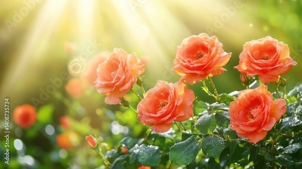 Obraz Red roses blooming with dew and dramatic lighting, rich and elegant floral space for creative use