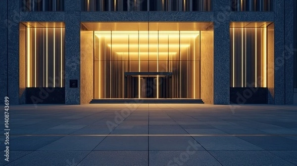 Fototapeta Illuminated modern architectural entryway at night.