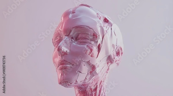 Fototapeta A fractured, ethereal, robotic head in pastel hues.