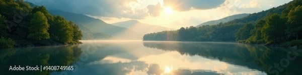 Fototapeta Panorama of a serene lake with sunbeams breaking through trees, trees, landscape