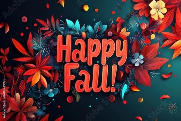 Fototapeta Vibrant leaves in various colors and floral elements create an inviting autumn ambiance with bold text wishing everyone a happy fall. The design captures the essence of the season beautifully.
