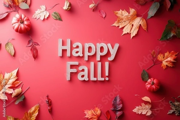 Fototapeta Bright red background features colorful autumn leaves and small pumpkins arranged around the text wishing a happy fall. This festive display captures the essence of the fall season with rich colors.