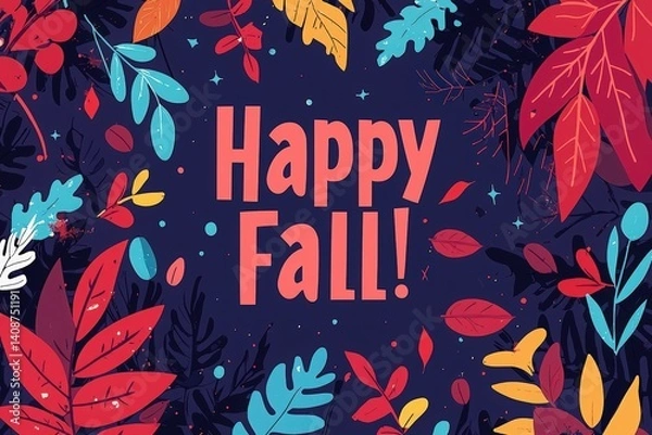 Fototapeta Brightly colored leaves in various shapes surround a cheerful message wishing everyone a happy fall. The playful arrangement creates an inviting autumn atmosphere, perfect for seasonal celebrations.