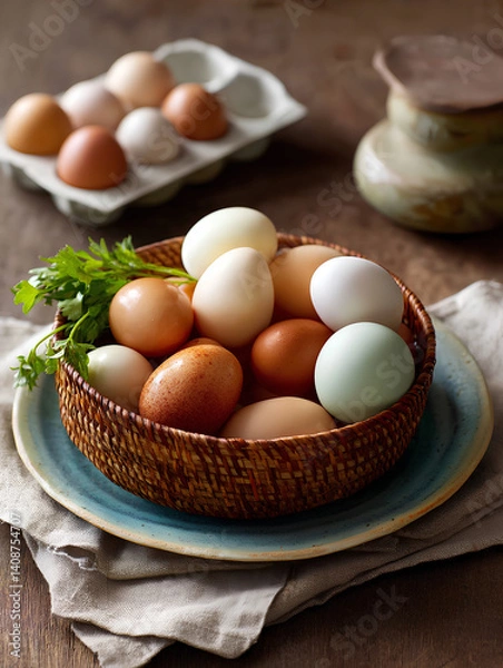 Fototapeta Basket of fresh organic eggs from backyard chickens beside handmade ceramic egg tray on rustic wooden table showcasing local farm lifestyle
