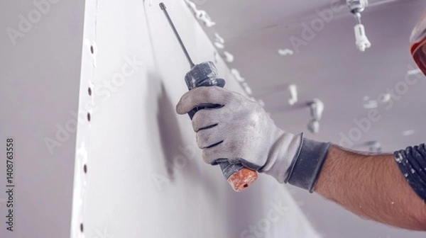 Fototapeta A construction worker installing drywall on the ceiling of a room. Featuring drywall installation and ceiling work