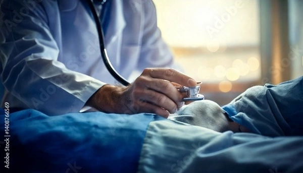 Obraz Generated image. Doctor's hand holding a stethoscope and examining a patient on the bed