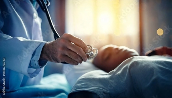 Obraz Generated image. Doctor's hand holding a stethoscope and examining a patient on the bed