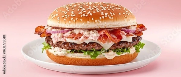 Fototapeta Burger on Plate, Pink Background