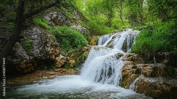 Fototapeta A beautiful waterfall cascading over rocks surrounded by vibrant greenery