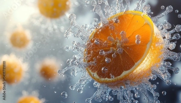 Obraz An orange slice surrounded by droplets of water splashes dramatically