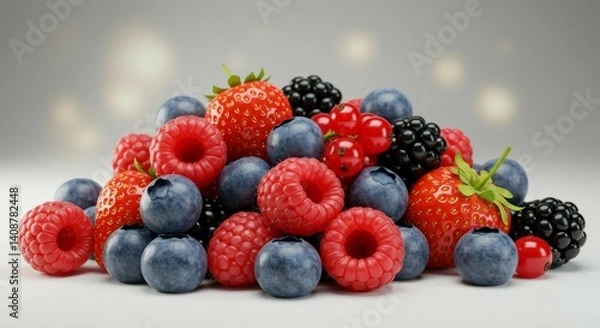 Fototapeta A Delicious Pile of Mixed Berries: Raspberries, Strawberries, Blueberries, and Blackberries
