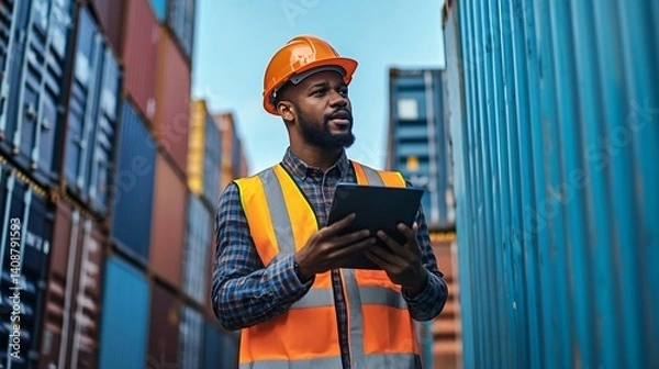 Fototapeta Worker examining tablet near containers