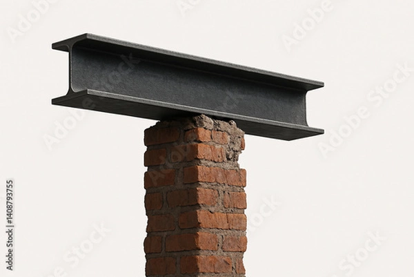 Fototapeta A single steel I-beam precariously balanced on top of a crumbling brick pillar - Generative AI