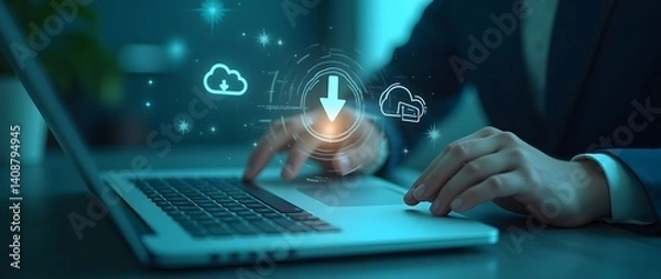 Fototapeta Digital workspace, holographic download icon, Businessman downloading data or documents to computer files.  cloud storage technology, backup cyber security system