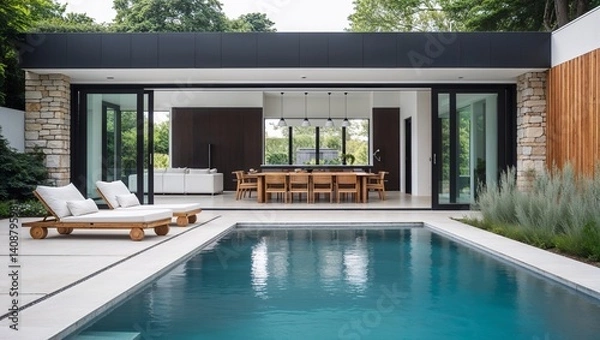 Fototapeta a modern, luxurious outdoor setting featuring a sleek, rectangular swimming pool with clear blue water. The pool is bordered by a light-colored stone deck, leading to a contemporary open-plan living 