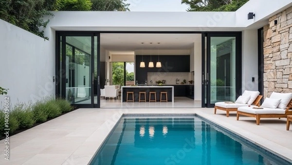 Fototapeta a modern, luxurious outdoor setting featuring a sleek, rectangular swimming pool with clear blue water. The pool is bordered by a light-colored stone deck, leading to a contemporary open-plan living 