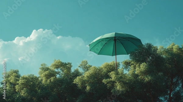 Fototapeta Green umbrella floating above trees with blue sky and clouds nature background stock photo image outdoor