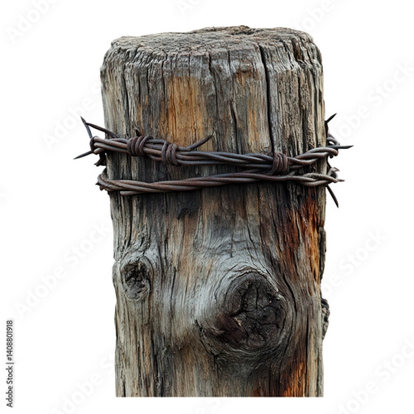 Fototapeta Rustic weathered wooden fence post with barbed wire farm security detail on transparent background