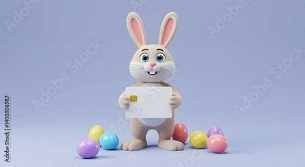 Fototapeta Cute bunny holding a blank card surrounded by colorful Easter eggs on a pastel backdrop.