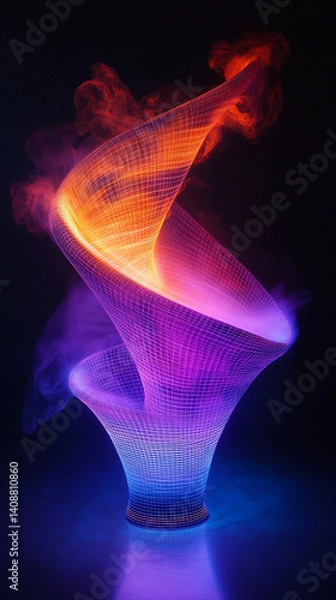 Fototapeta Futuristic funnel shape with vibrant neon lines and swirling smoke on a dark background. Glowing tech lines form a dynamic, modern pattern symbolizing energy, innovation, and transformation.

