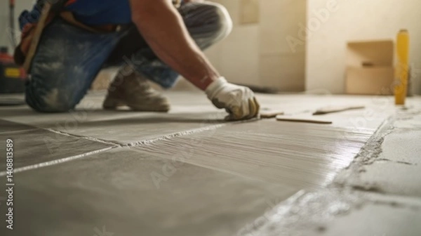 Fototapeta A construction worker laying ceramic tiles on a bathroom floor. Featuring attention to detail and craftsmanship