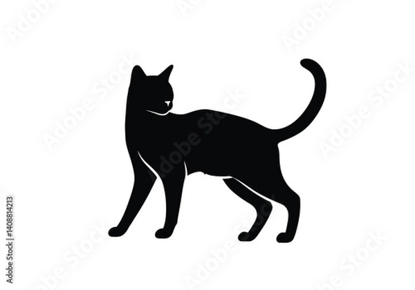 Fototapeta Elegant cat silhouette. A black silhouette of a standing cat with its tail curved upwards, showcasing grace and sleekness. Vector clipart black illustration design.