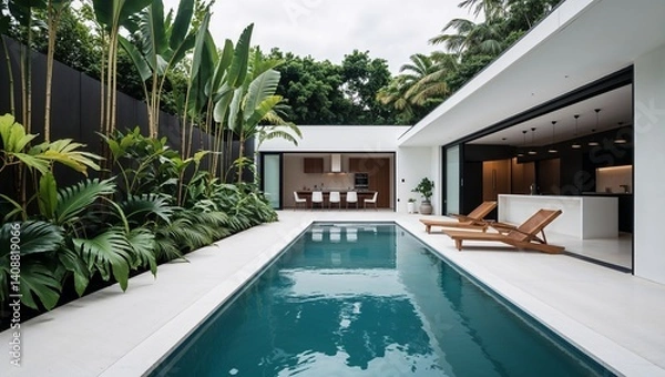 Obraz a modern architectural style featuring a luxurious outdoor setting. The layout includes a rectangular swimming pool bordered by lush green tropical plants on one side and a sleek, contemporary buildin