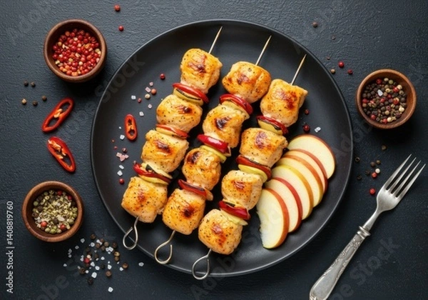 Fototapeta chicken skewers with slices of apples and chili. top view