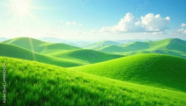 Fototapeta Rolling hills of emerald green grass swaying in the gentle spring breeze, meadow, nature