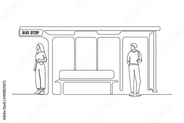 Obraz People waiting for their bus at the bus stop continuous single-line art drawing. Bus stop continuous outline vector.