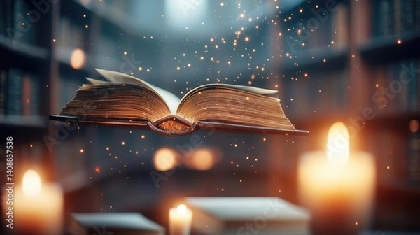 Obraz Books floating in the air with a focus on literature and cognition concept. An enchanting floating book surrounded by glowing candles and magic.