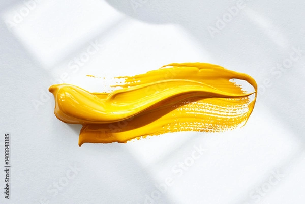 Fototapeta Vivid Yellow Paint Swirl On White Paper With Soft Window Light