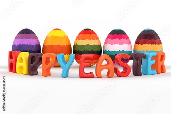 Fototapeta Happy easter 3d  text  Colorful striped eggs. 3D illustration