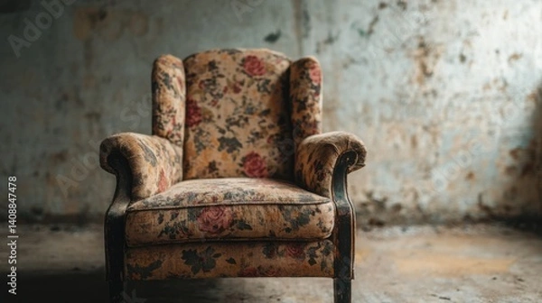 Fototapeta Rustic floral armchair in abandoned room vintage furniture dusty environment captured from eye level warm and nostalgic atmosphere for home decor inspiration