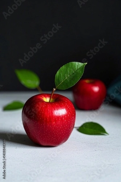 Fototapeta there is a red apple with a leaf on it sitting on a table