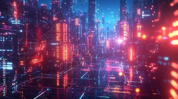 Obraz Vibrant 3D metaverse world floating in cyber space with neon lights symbolizing global energy and internet connection