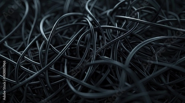 Fototapeta A bunch of black tangled wires on a dark background, abstract, 3d render, realistic, 8KUHD, professional shooting, only black colours