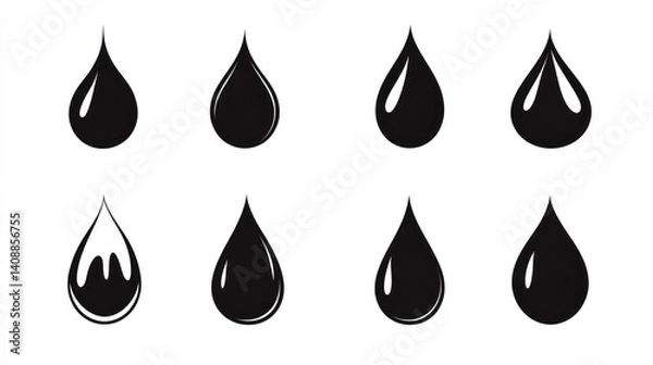 Fototapeta Eight black liquid drop icons; various shapes; white background; website design