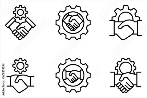 Fototapeta Handshake and gear outline icon set, Cooperation, partnership line icon. linear style sign on white background
