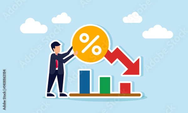 Fototapeta businessman holding a percentage sign with a red downward arrow next to a declining graph, illustration of a business financial performance decline