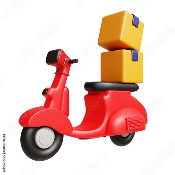Fototapeta Motorcycle with delivery box 3d rendered icon. Shopping and delivery service online.