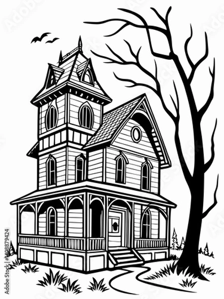 Fototapeta Spooky Haunted House Vector Illustration With Old Tree Silhouette For Halloween Design And Decoration