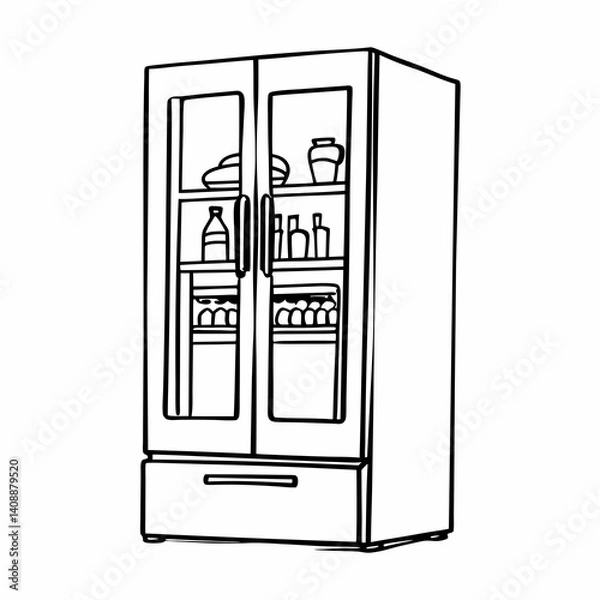 Obraz Line Art Illustration Of Refrigerator With Food Container Bottles And Drawer Isolated Against A White Background